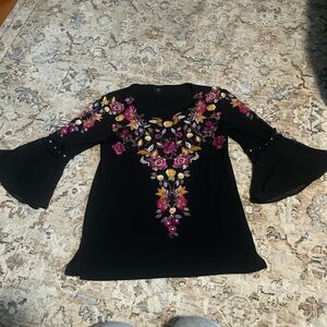 Petite Floral Black Blouse Bell Sleeve